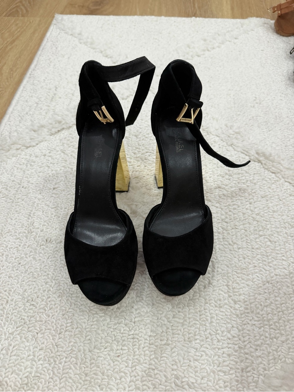 Michael Kors Black Suede Open-Toe Ankle-Strap Heels with Gold Block Heel